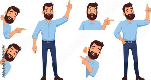 Set of bearded man character in various poses, pointing finger, showing great ideas, peeking, and happy expressions for professional business marketing