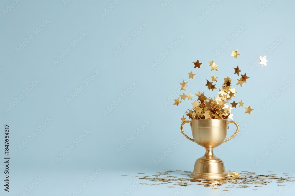 Fototapeta premium Gold trophy with star confetti on blue background: celebration and achievement symbol