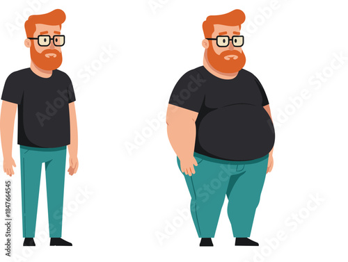 Flat vector character illustration featuring a ginger bearded man with glasses showing weight gain comparison and body transformation for health.