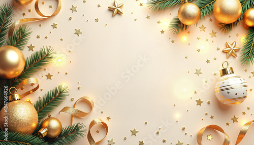 Golden Christmas ornaments and decorations arranged around a blank center space. Concept of holiday celebration, festive mood, and seasonal decor. Useful for invitations and seasonal marketing.