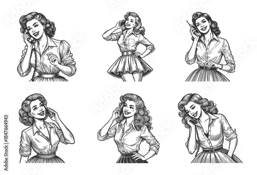 pin-up style woman talking on telephone, classic aesthetics Set collection bundle sketch engraving generative ai vector illustration. Scratch board imitation. Black and white image.