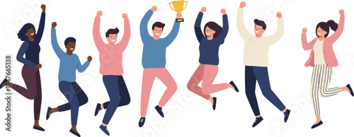Diverse group of happy young people jumping for joy and celebrating success with a gold trophy cup in flat vector.