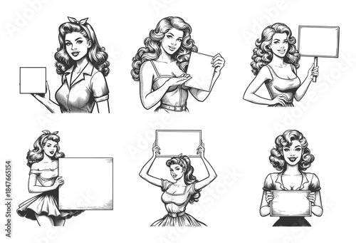 glamorous pin-up girls presenting blank signs, posters, and placards for customizable messages Set collection bundle sketch engraving generative ai vector illustration. Scratch board. Black and white.
