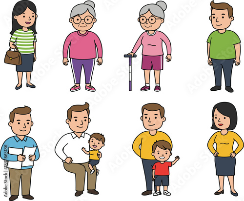 Flat vector cartoon characters of different generations featuring happy families, elderly seniors with walking sticks, parents holding children, and professionals.