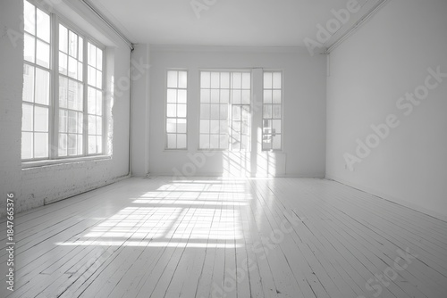 Empty room with a white wall and white wood floor, offering a versatile space for customization or design mockups, Generative AI