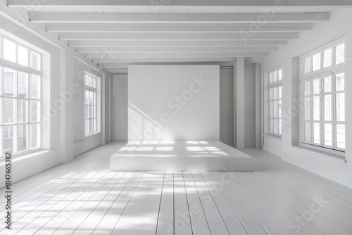 Empty room with a white wall and white wood floor, offering a versatile space for customization or design mockups, Generative AI
