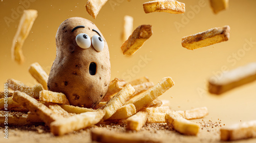 A cartoon potato looked up with a happy and surprised smile, watching a pile of messy French fries fall from the air