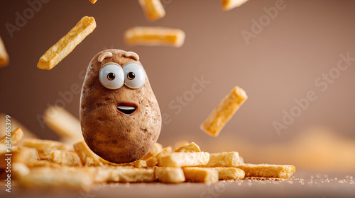 A cartoon potato looked up with a happy and surprised smile, watching a pile of messy French fries fall from the air