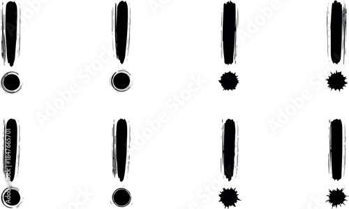 Eight black brushstroke exclamation points arranged in a two by four grid