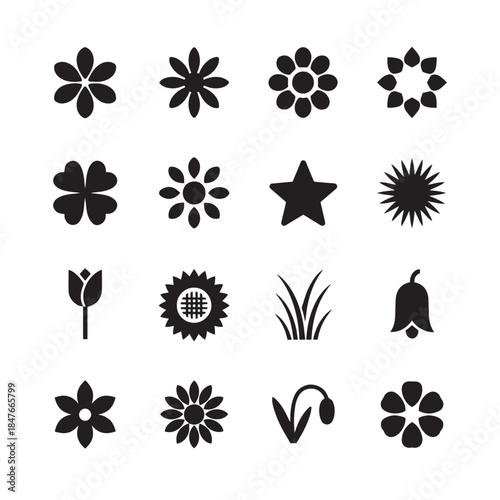 Black silhoutee Vector set of flowers icons.