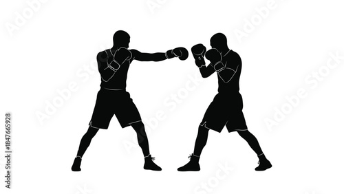 Two boxers silhouettes fighting intensely in a stark black and white graphic style