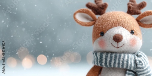 Cute knitted reindeer toy with striped scarf in the foreground, soft snowflakes and warm bokeh lights on a gray background, closeup texture and gentle smile, festive holiday atmosphere