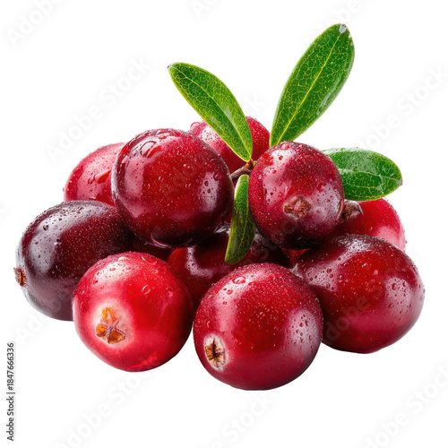 Wallpaper Mural Fresh red cranberries with green leaves and water droplets on a black background isolated on transparent background Torontodigital.ca
