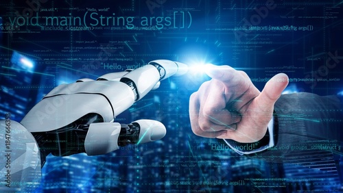 Billede på lærred A close view of a human and robotic hand reaching out to each other, symbolizing the convergence of technology and humanity through digital innovation