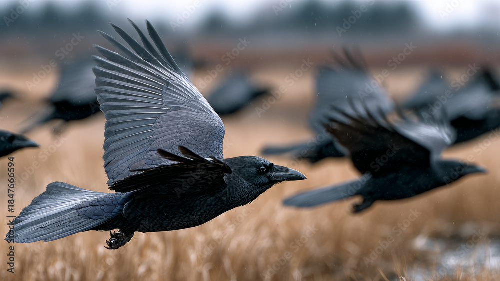 Obraz premium A flock of ravens flying in an open field.