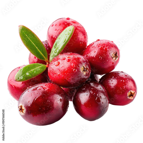 Wallpaper Mural A cluster of vibrant red cranberries covered in glistening water droplets with green leaves isolated on transparent background Torontodigital.ca