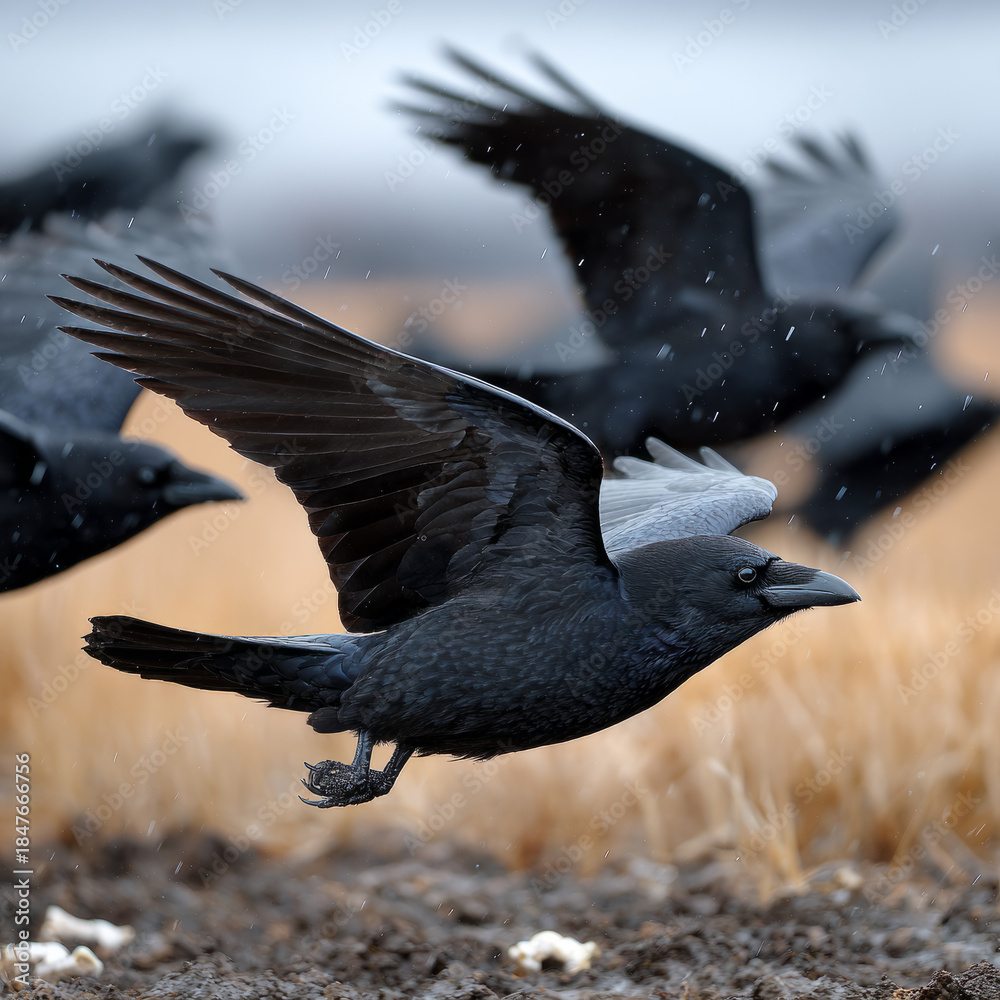 Obraz premium Flock of crows flying over a rural landscape