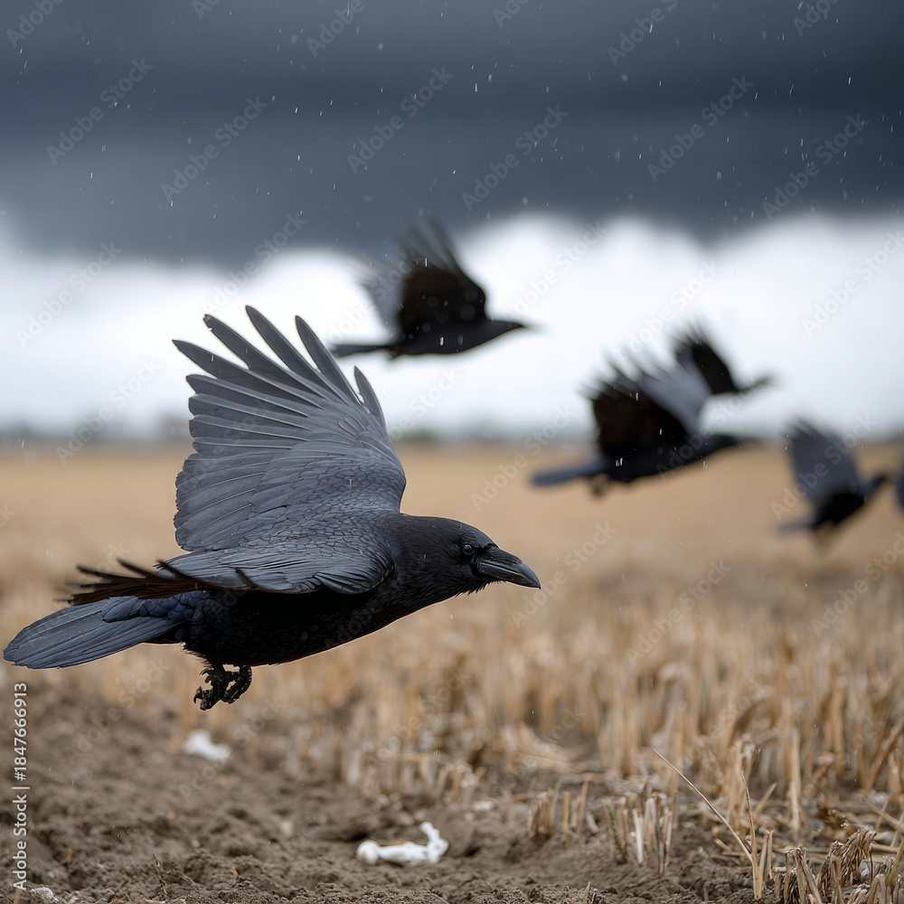 Obraz premium Crows flying over a field with a stormy sky in the background.