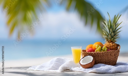 Fototapeta Naklejka Na Ścianę i Meble -  a white cloth is laid out on the sand with a basket of fruits, a glass of bright cocktail, and a pineapple. Next to it is a halved coconut. In the background, there is the sea, sky, and palm leaves