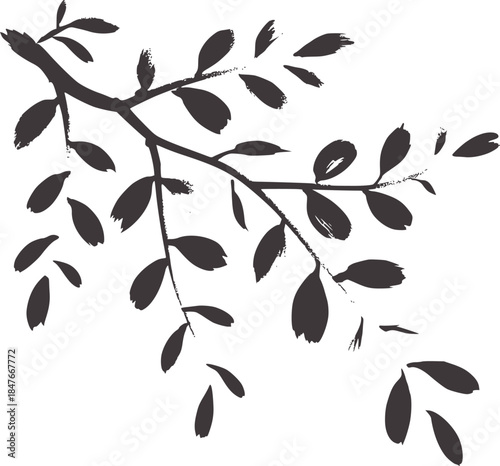 Minimalist monochrome ink branch with scattered leaves