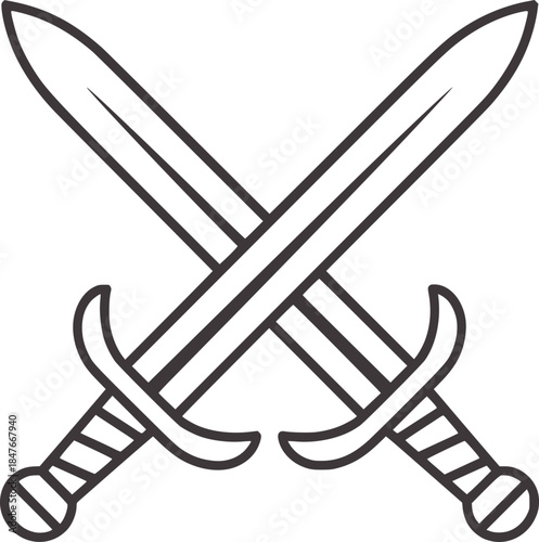 Two crossed curved swords black and white line blades