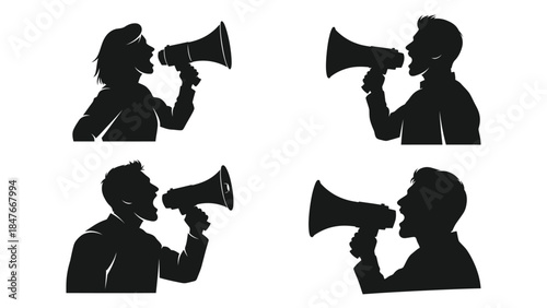 Silhouettes of diverse people shouting loudly through megaphones for public announcement