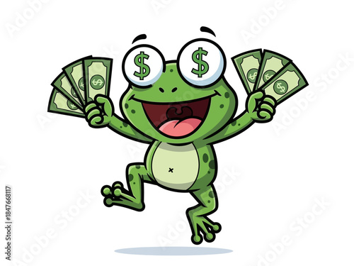 Happy Rich Cartoon Frog Character Holding Money - Financial Success Illustration