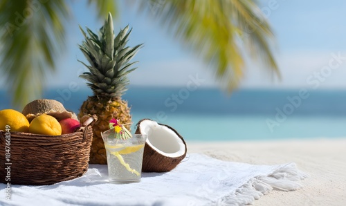 Fototapeta Naklejka Na Ścianę i Meble -  a white cloth is laid out on the sand with a basket of fruits, a glass of bright cocktail, and a pineapple. Next to it is a halved coconut. In the background, there is the sea, sky, and palm leaves