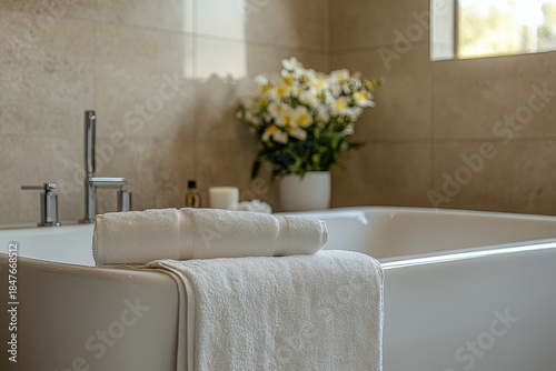 Hotel bathroom interior with a bathtub and minimalist accessories, designed to create a luxurious yet simple bathroom experience, Generative AI