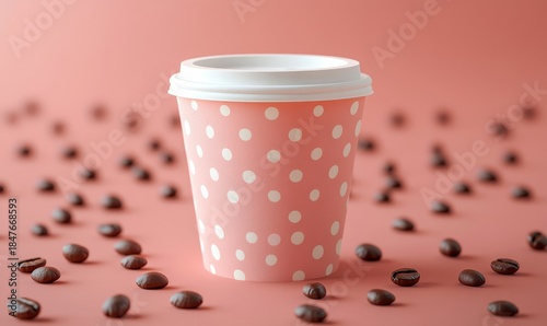 Paper cup of coffee surrounded by coffee beans, presented as a concept for a brand or product mockup, Generative AI