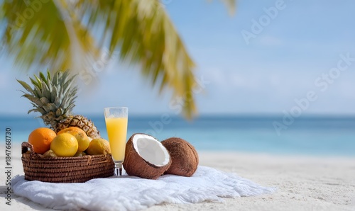Fototapeta Naklejka Na Ścianę i Meble -  a white cloth is laid out on the sand with a basket of fruits, a glass of bright cocktail, and a pineapple. Next to it is a halved coconut. In the background, there is the sea, sky, and palm leaves