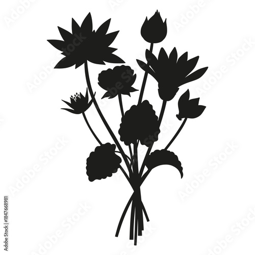 Wildflowers silhouette bouquet. Hand-drawn cyclamen, nymphaea, meadow flowers, herbs, and wild plants. Botanical elements for design projects. Minimal style, vector illustration
