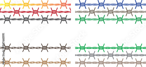 Colorful and Neutral Barbed Wire Patterns on White Background