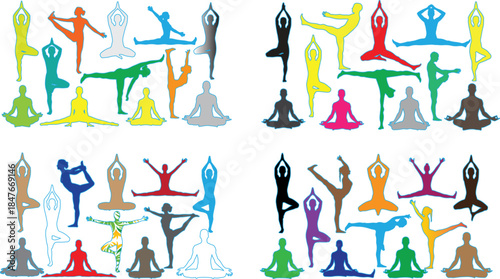 Colorful Silhouettes of People Practicing Yoga and Meditation