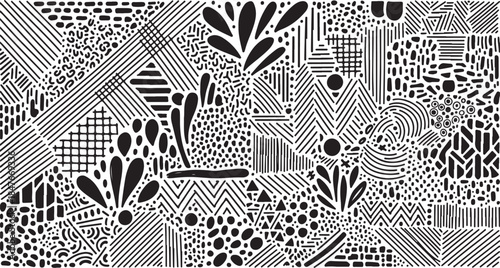 Intricate black and white abstract geometric pattern with dots and lines