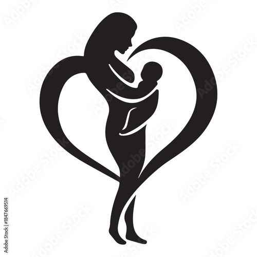Silhouette of mother breastfeeding baby within a heart shape, symbolizing love and care