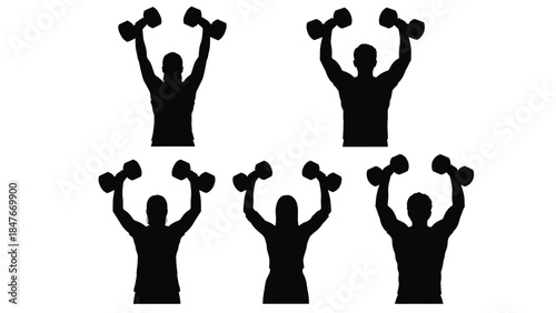 Five diverse fitness silhouettes performing overhead dumbbell presses in a row