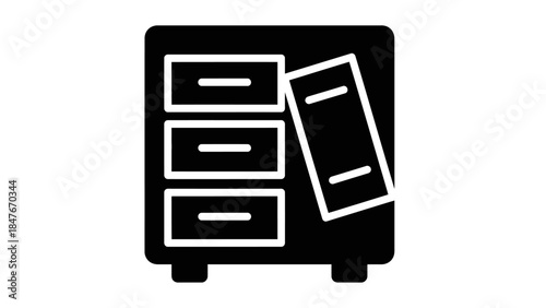 Minimalist Icon Representation of a Filing Drawer with Documents in Black and White