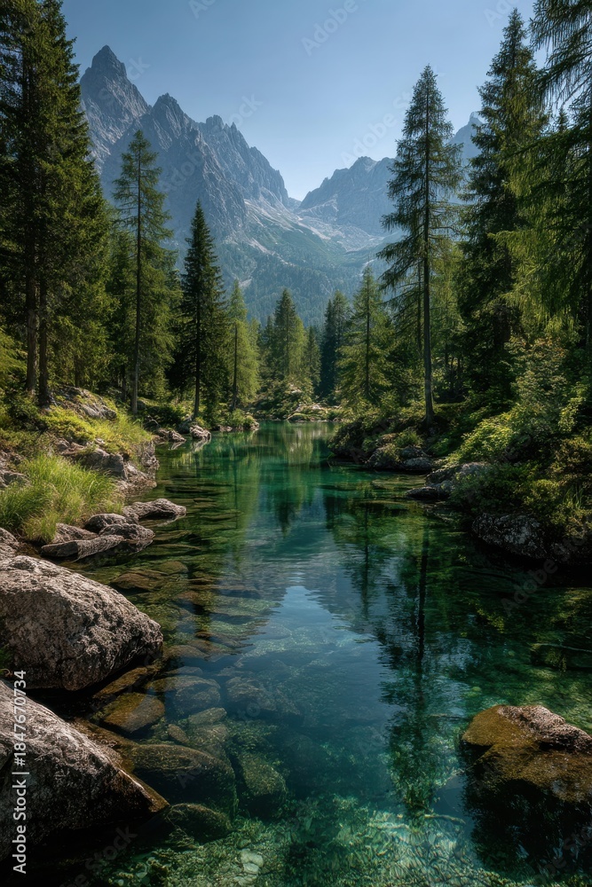 Fototapeta premium Tranquil alpine forest lake with crystal clear water reflecting rugged mountain peaks in sunlight