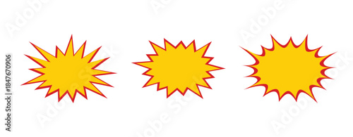 Yellow starburst badge set with red outline. Sharp spiky sunburst shapes for price highlights. Sale promotion labels for discounts, offers and advertising designs
