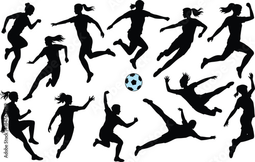 female soccer players silhouette in dynamic action poses, kicking, running, jumping, dribbling around central ball, athletic women sports illustration