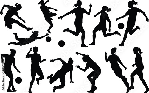 female soccer players silhouette in dynamic action poses, kicking, running, dribbling, jumping, athletic women football movement illustration with multiple sports figures