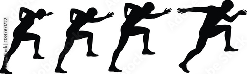silhouette, running, sprint, athlete, movement, action, motion, sequence, fitness, training, speed, start position, acceleration, dynamic pose, exercise, sports, runner, physical activity