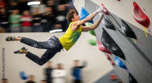 Male boulderer dynamically reaches for a challenging hold while mid-air on an indoor climbing wall, showcasing strength, agility, and focus during an intense athletic climb.