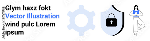 Online protection, cybersecurity, digital safety, system integration, user identity, secure platforms. Gear, shield with lock person standing. Cybersecurity and digital safety concept