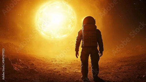 Confident astronaut stands before a massive sun in the vastness of space during an extraordinary exploration, Video of a brave astronaut in space suit confidently walking on the moon towards the sun