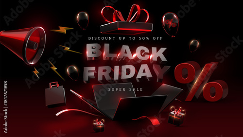 Black Friday background with sale text on gift box and realistic 3D promotional elements of balloons, megaphone, percentage symbols and bags.