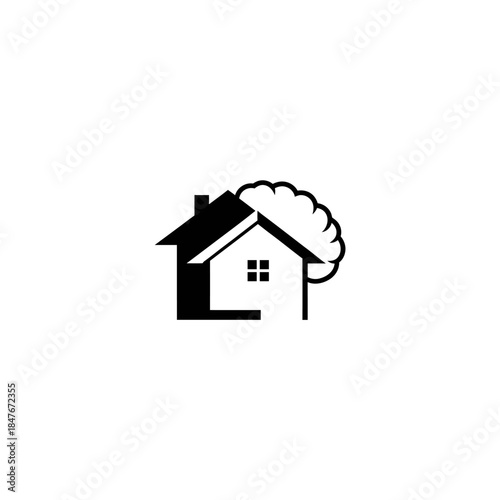 Minimalist black and white logo depicting a house with a stylized tree, representing home and nature.