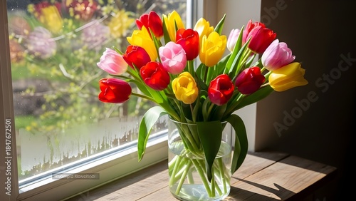 Colorful tulip bouquet in vase near window