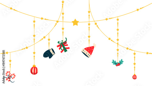 Christmas Hanging Star Garlands with Festive Ornaments and Holiday Elements Isolated on Transparent Background